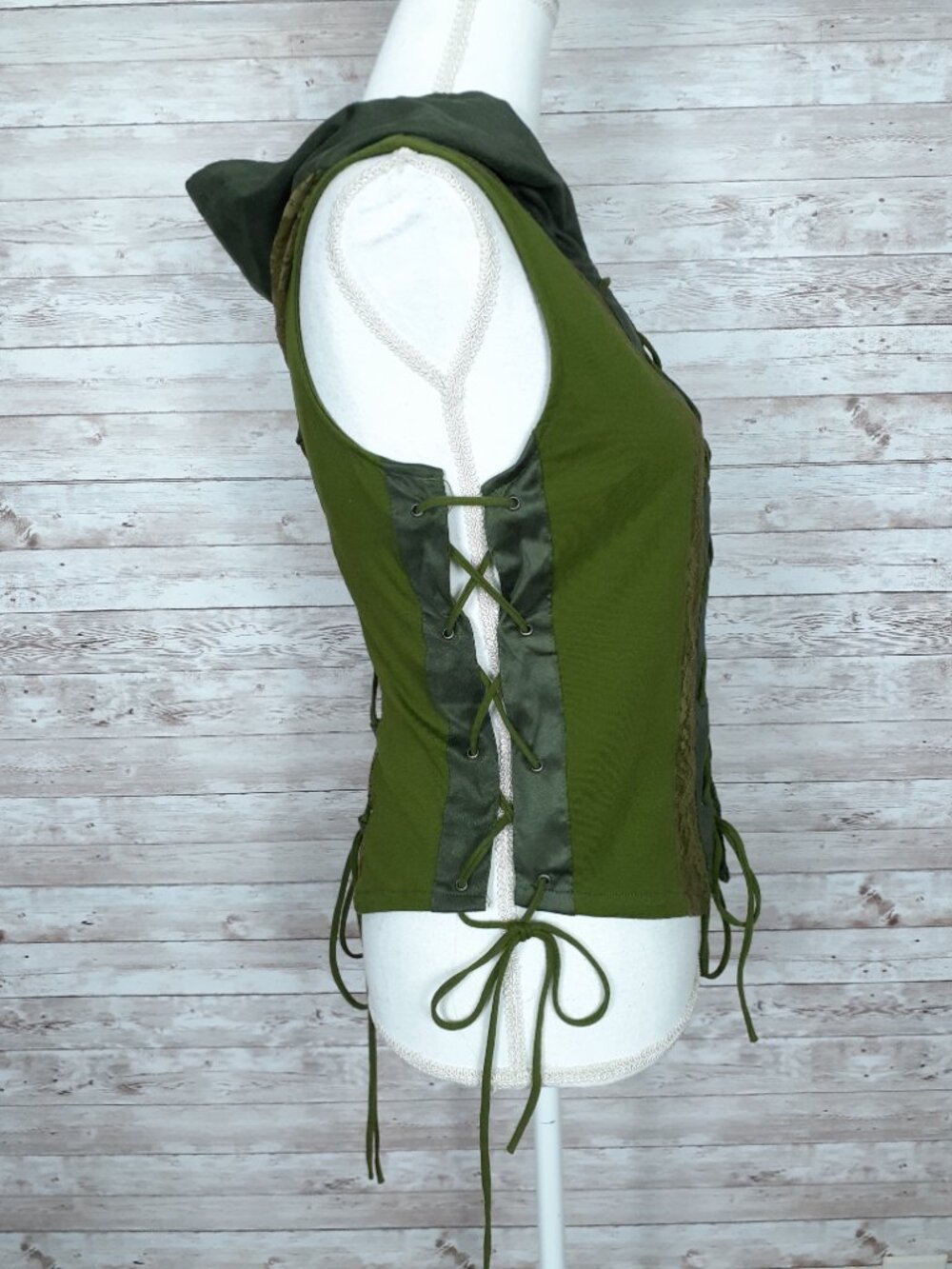 Earthbound Trading Fairy Vest S Hooded Lace Up Green Festival Ren Fair 959A - Picture 3 of 8